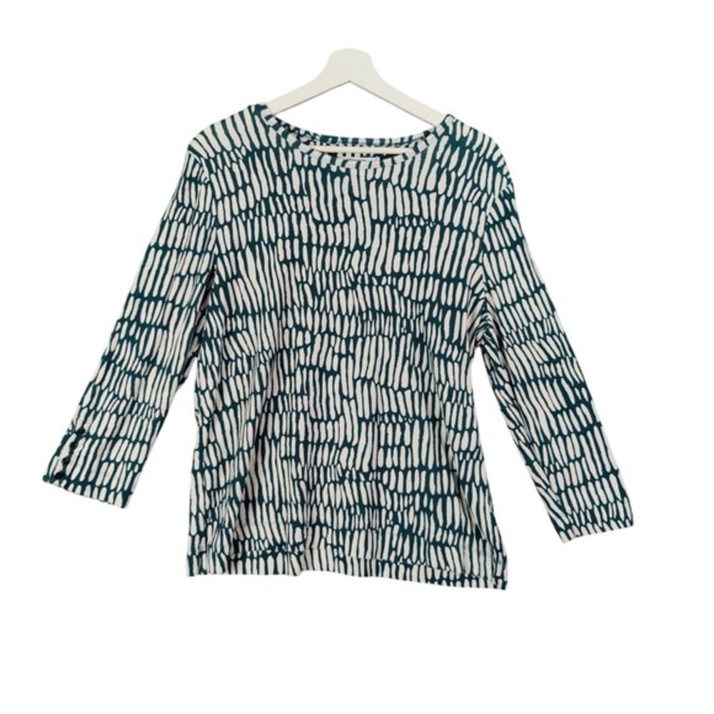 Chicos Womens 3 US XL Top Green White Abstract Resort 3/4 Sleeve Button Detail